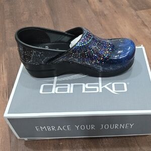 Dansko Women's Sparkling Black and Blue Mules